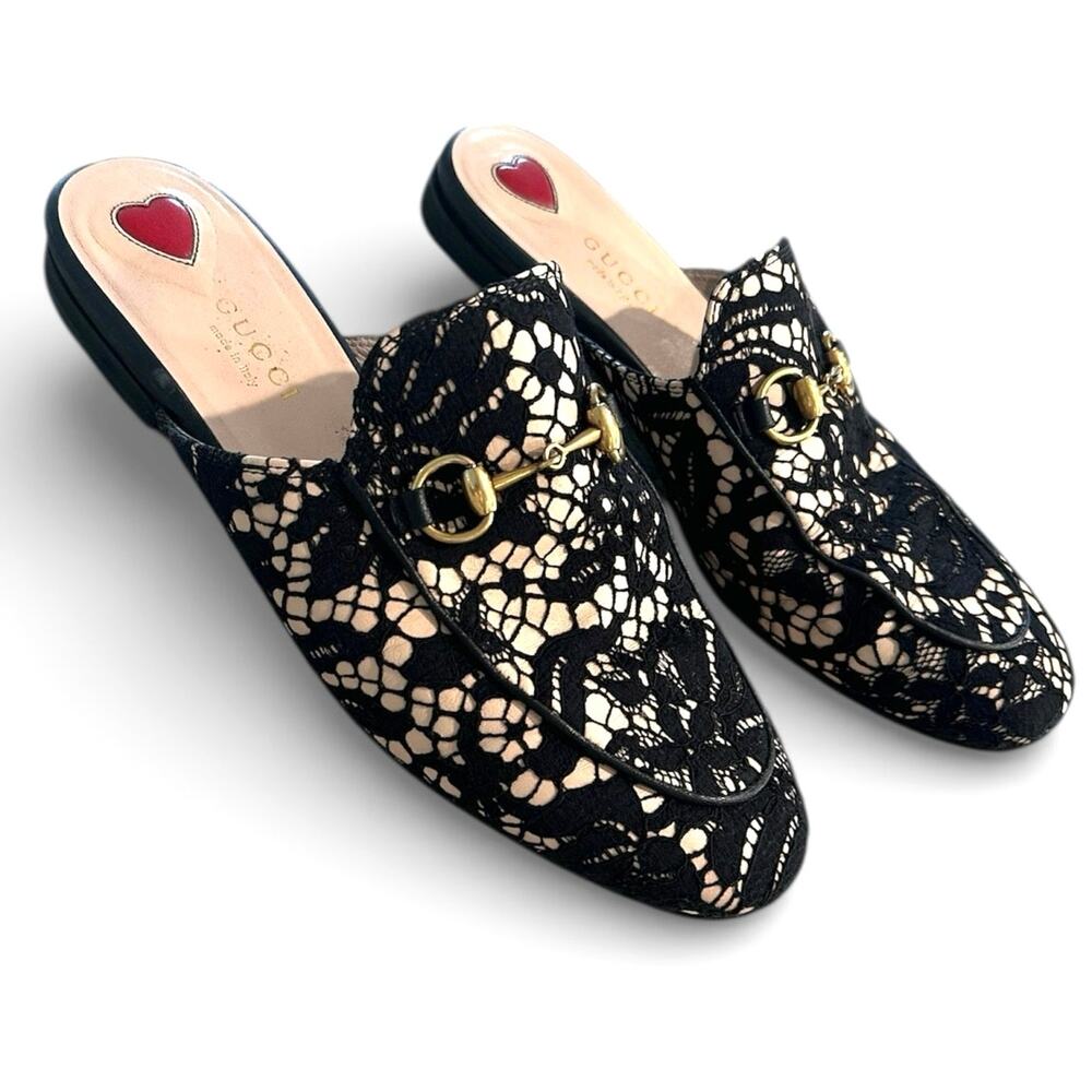 Gucci Princetown Black Nude lace horsebit slip on mules flats Authentic Size 36